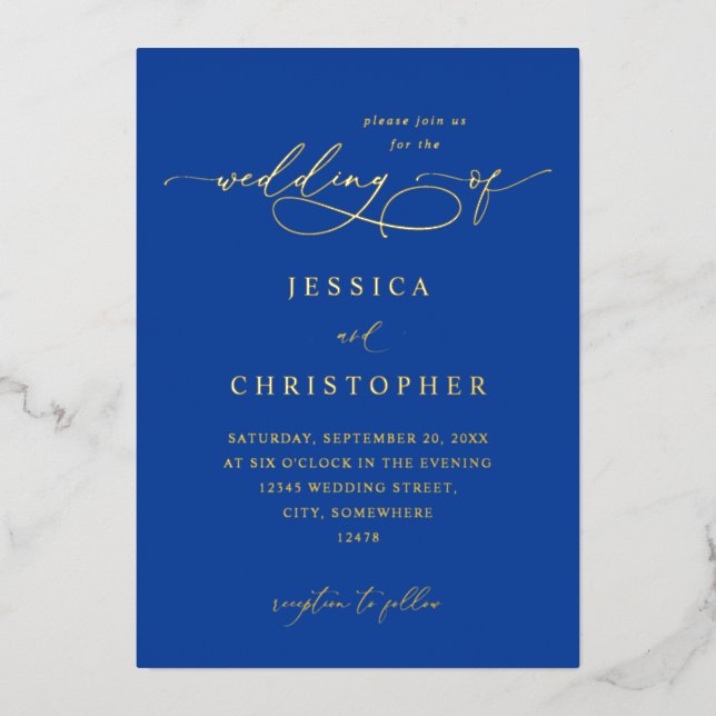 Invitation En Aluminium Royal Blue Moderne Calligraphie 3 Mariage (Recto)