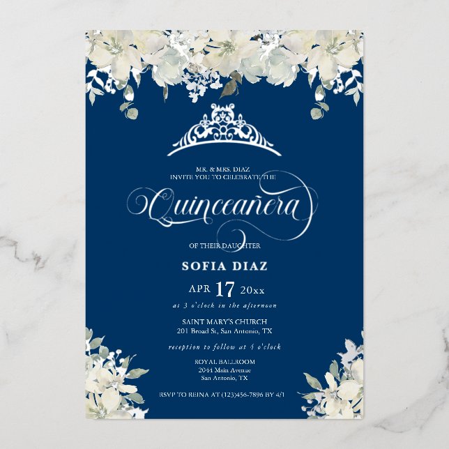 Invitation En Aluminium Royal Blue Quinceañera Floral Gold (Recto)