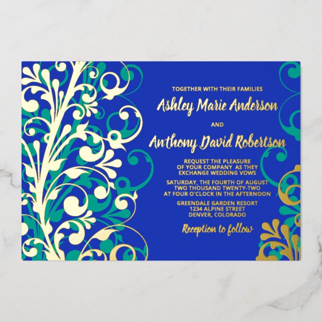 Invitation En Aluminium Royal Blue Turquoise Real Gold Foil Floral Mariage (Recto)