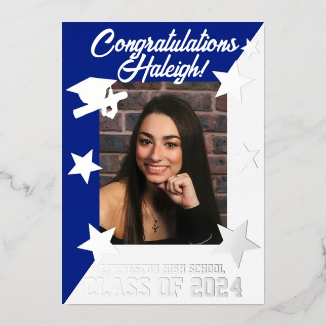 Invitation En Aluminium Royal Blue & White Diagonal Graduation Argent (Recto)