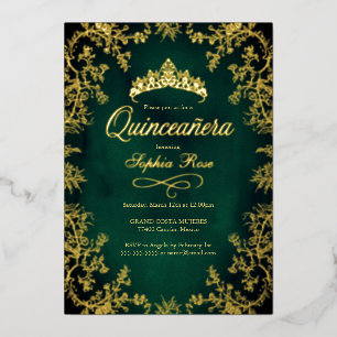 Invitation En Aluminium Royal Emerald Gold Crown Floral Quinceanera