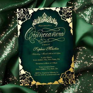 Invitation En Aluminium Royal Emerald Or Élégant Script Quinceanera
