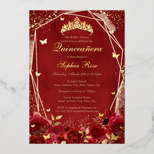 Invitation En Aluminium Royal Flower or Rouge Tiara Quinceanera (Recto)