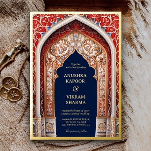 Invitation En Aluminium Royal Indian Palace Red Arch Blue Mariage Gold