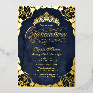 Invitation En Aluminium Royal Navy Or Rose Élégant Script Quinceanera