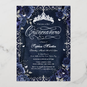 Invitation En Aluminium Royal Navy Rose papillon argent Quinceanera