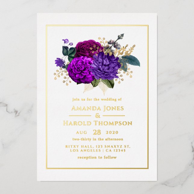 Invitation En Aluminium Royal Purple et Gold FlorMariage (Recto)