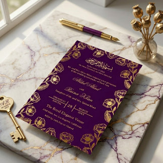 Invitation En Aluminium Royal Purple Floral Or Doré Nikah Islamique Musulm