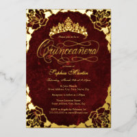 Royal Red Gold Elegant Rose Script Quinceanera