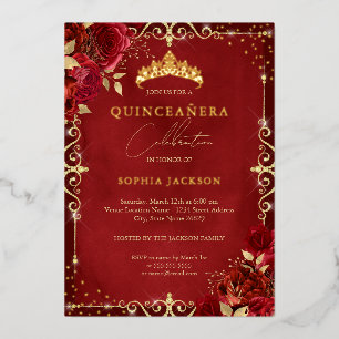 Invitation En Aluminium Royal Red Sparkle Gold Rose Quinceanera