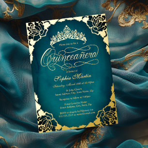 Invitation En Aluminium Royal sarcelle or élégant script pour Quinceanera 