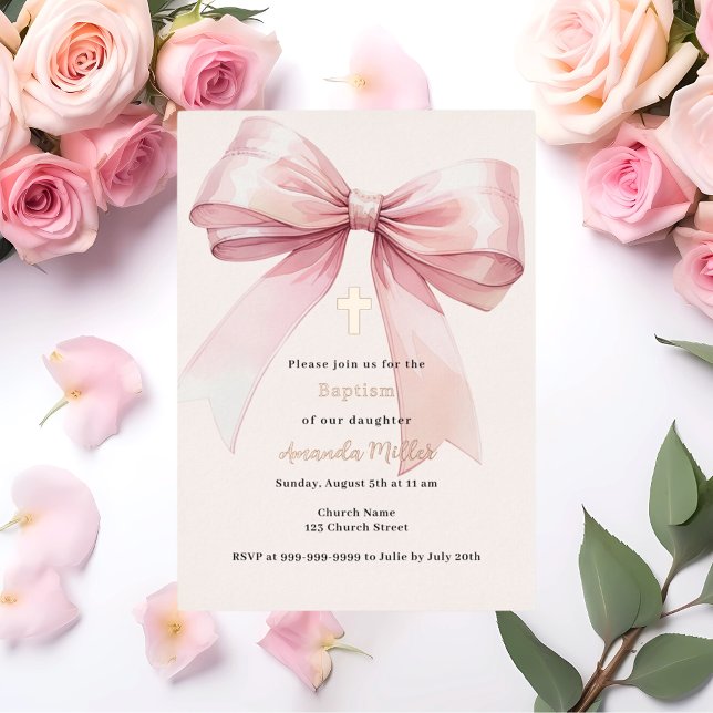 Invitation En Aluminium Ruban rose crème fille Baptême rose gold (Créateur téléchargé)