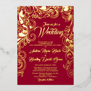Invitation En Aluminium Ruby Red Real Gold Foil Abstrait Floral