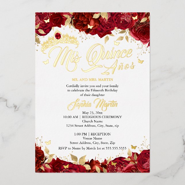 Invitation En Aluminium Ruby Red Rose Mis Quince Quinceanera (Recto)