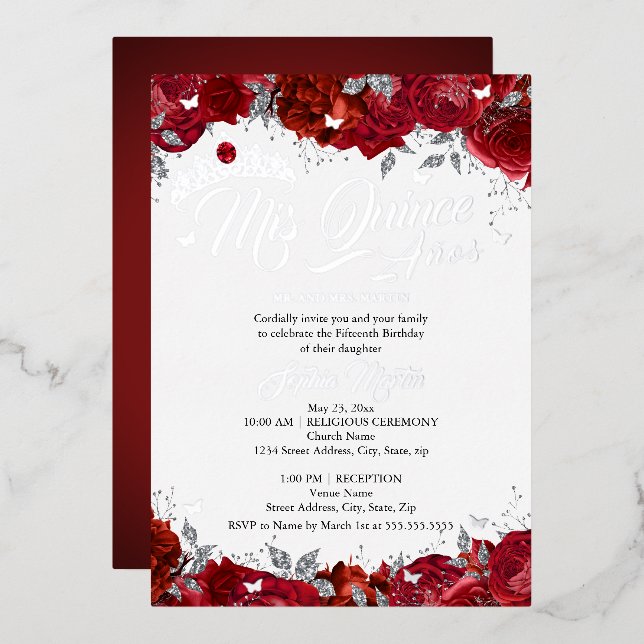 Invitation En Aluminium Ruby Rose Mis Quince Red Silver Quinceanera (Recto/Verso)
