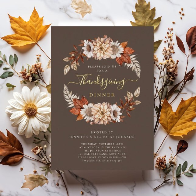 Invitation En Aluminium Russe Brown Automne Floral Thanksgiving Diner Or (Rustic Brown Fall Floral Thanksgiving Dinner Gold Foil Invitation)