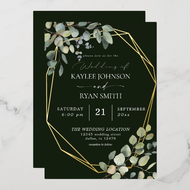 Invitation En Aluminium Russe Eucalyptus & Gold Frame Mariage Vert Real (Recto/Verso)