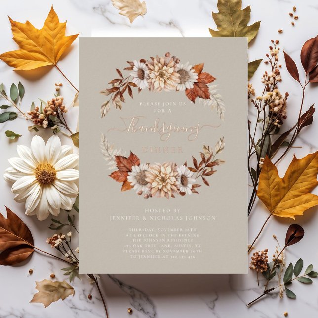 Invitation En Aluminium Russe Taupe Automne Floral Thanksgiving Dîner (Rustic Taupe Fall Floral Thanksgiving Dinner Foil Invitation)