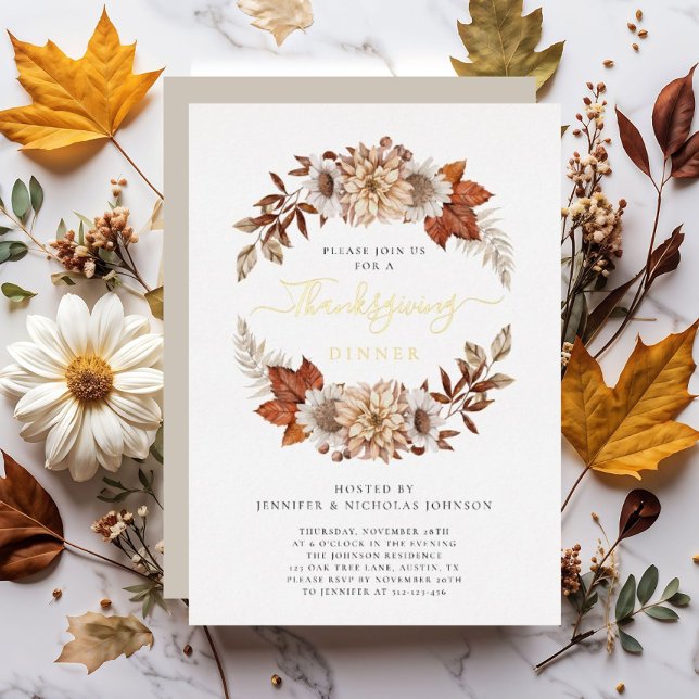 Invitation En Aluminium Russe Taupe Automne Floral Thanksgiving Diner Or (Rustic Taupe Fall Floral Thanksgiving Dinner Gold Foil Invitation)