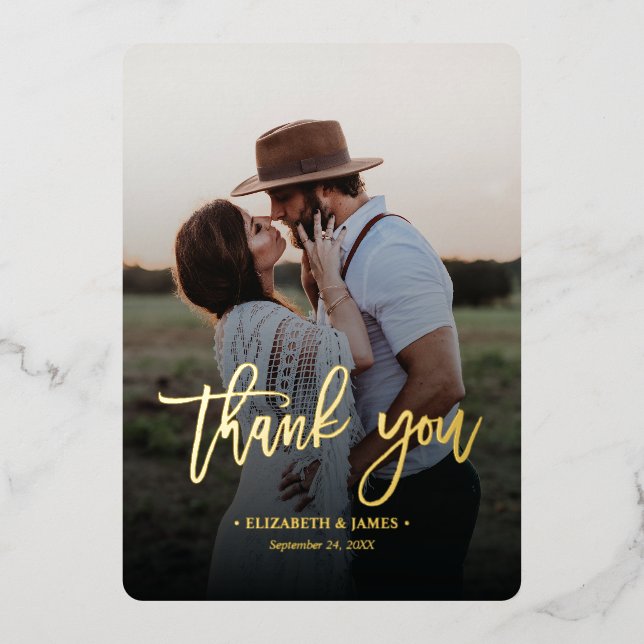 Invitation En Aluminium Rustic Gold Script Merci photo Mariage (Recto)
