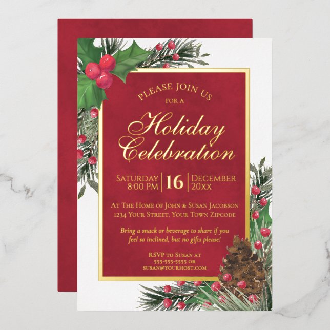 Invitation En Aluminium Rustic Holly & Pine Élégante fête de vacances (Recto/Verso)