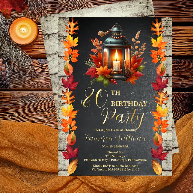 Invitation En Aluminium Rustic Lantern et Feuille Automne 80e fête d'anniv (Rustic Elegance Lantern and Leaves Fall | Autumn 80th Birthday Party Foil Invitation)