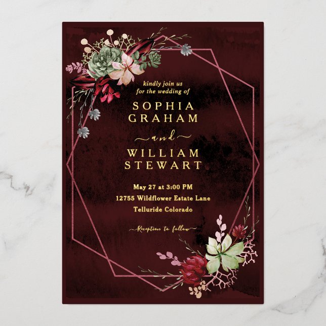 Invitation En Aluminium Rustique Bourgogne Aquarelle Floral Chic Mariage (Recto)