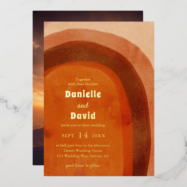 Invitation En Aluminium Rustique Burnt Orange Arch Photo Mariage moderne (Recto/Verso)