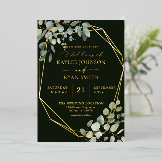 Invitation En Aluminium Rustique Eucalyptus & Gold Frame Mariage Full - DK (Debout devant)