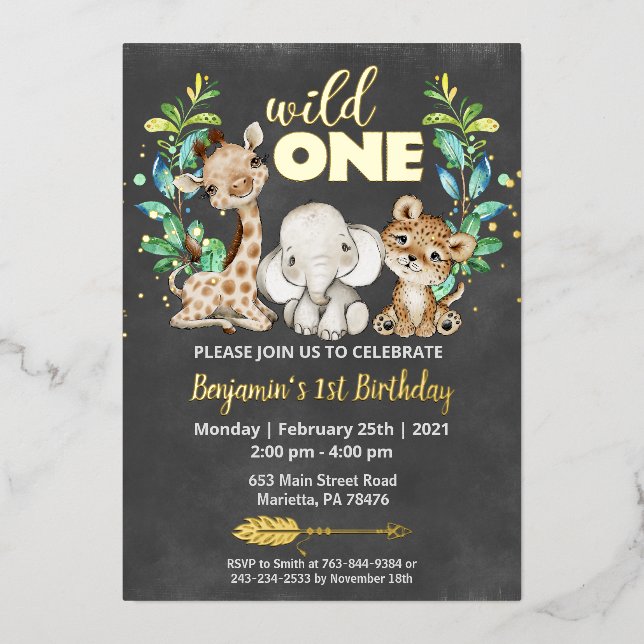 Invitation En Aluminium Safari Wild One Birthday Party Real (Recto)