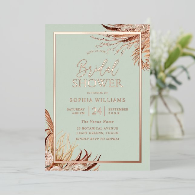 Invitation En Aluminium Sage Green Boho Chic Fête des mariées Rose Réel Or (Debout devant)