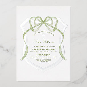 Invitation En Aluminium Sage Green Bow Silver Crest Baptisme