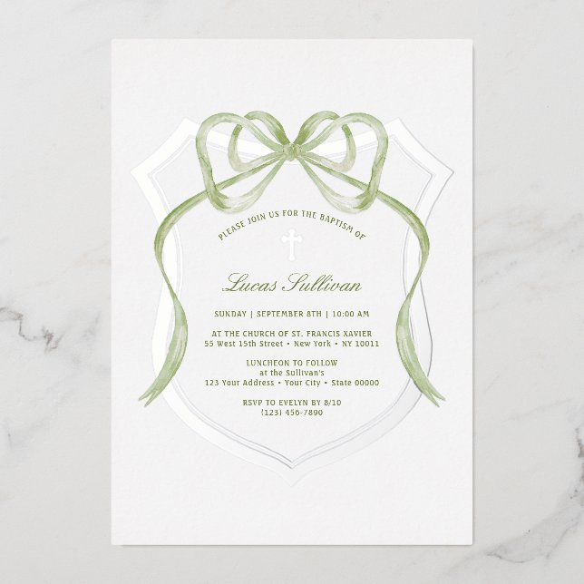 Invitation En Aluminium Sage Green Bow Silver Crest Baptisme (Recto)