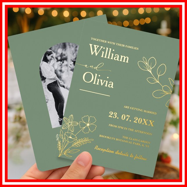 Invitation En Aluminium Sage Green Gold Boho Floral Photo Mariage (Créateur téléchargé)