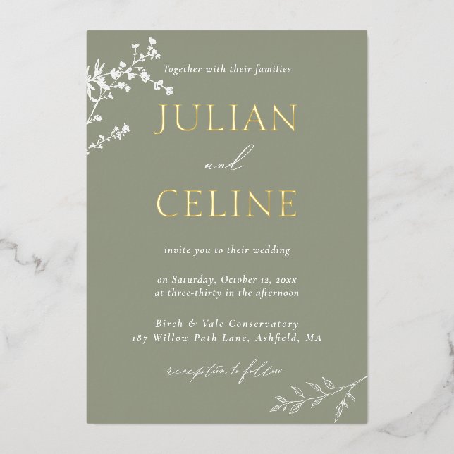 Invitation En Aluminium Sage Green Gold Whimsical White Green Mariage (Recto)