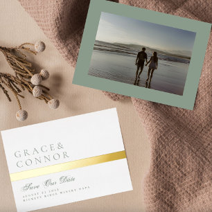 Invitation En Aluminium Sage Green Golden Stripe Photo Enregistrer La Date