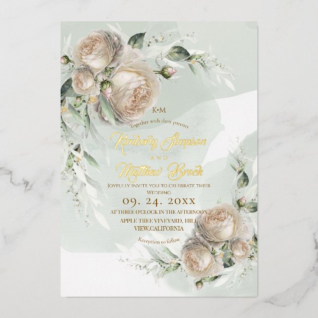 Invitation En Aluminium Sage Greenery White Rose Wedding (Recto)