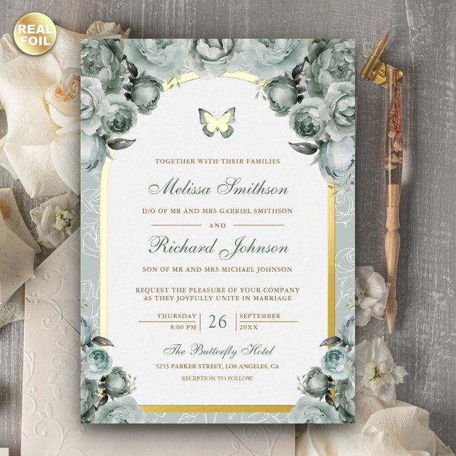 Invitation En Aluminium Sage Vert Arc Floral Papillon Mariage Or (Créateur téléchargé)