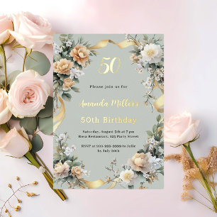 Invitation En Aluminium Sage vert jaune fleurons or luxe anniversaire