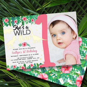 Invitation En Aluminium Sauvage Une Fille Dinosaure 1er Anniversaire Photo