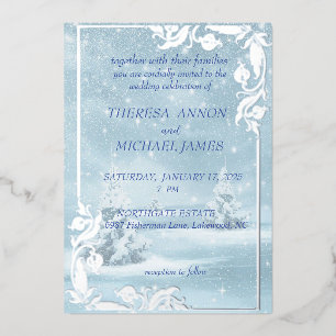 Invitation En Aluminium Scène d'hiver tout en bleu avec neige et pins