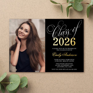 Invitation En Aluminium Script Black 2025 Photo Graduation Party Gold