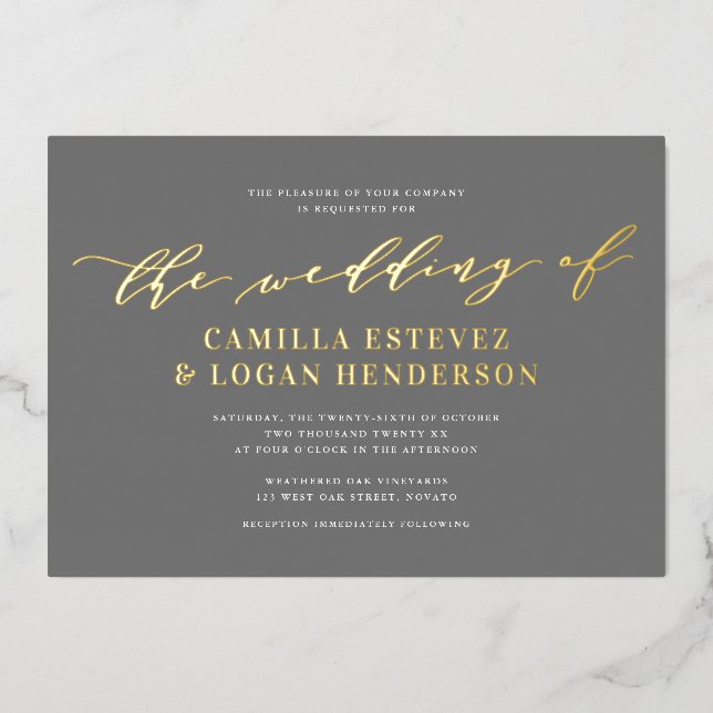 Invitation En Aluminium Script de calligraphie moderne Mariage Gris + Or (Recto)