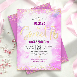 Invitation En Aluminium Script Douce 16 Rose Aquarelle Féminin Or Réel