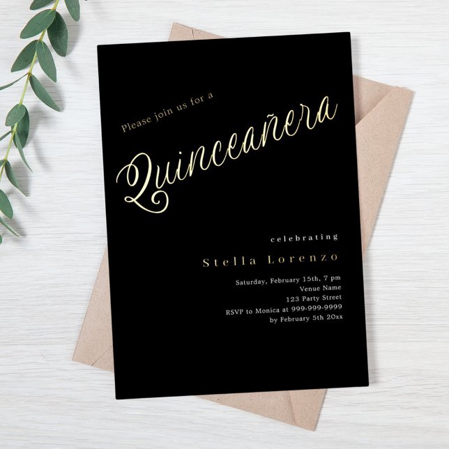 Invitation En Aluminium Script en or noir élégant Quinceanera (Créateur téléchargé)