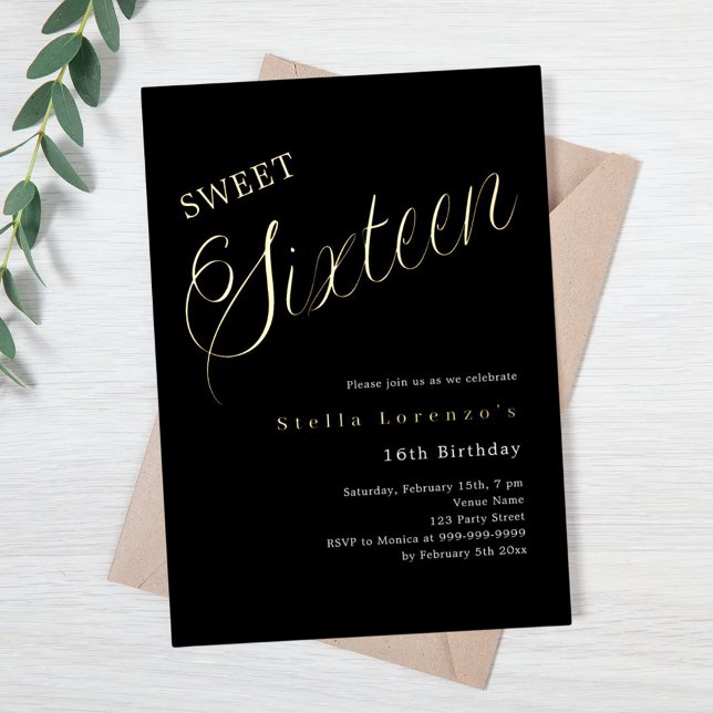 Invitation En Aluminium Script en or noir luxe Sweet 16 (Créateur téléchargé)