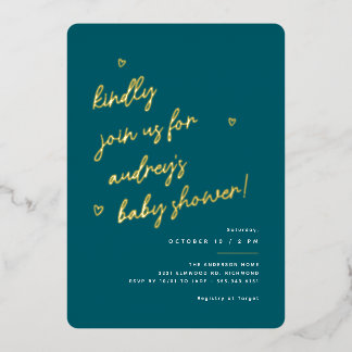 Invitation En Aluminium Script Gold | Baby shower neutre Turquoise foncé
