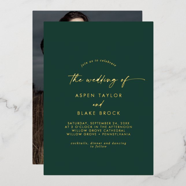 Invitation En Aluminium Script Gold Foil | Emerald Photo Mariage (Recto/Verso)