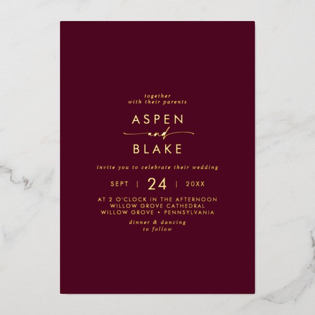 Invitation En Aluminium Script Gold Foil | Mariage Décontracté Bourgogne (Recto)