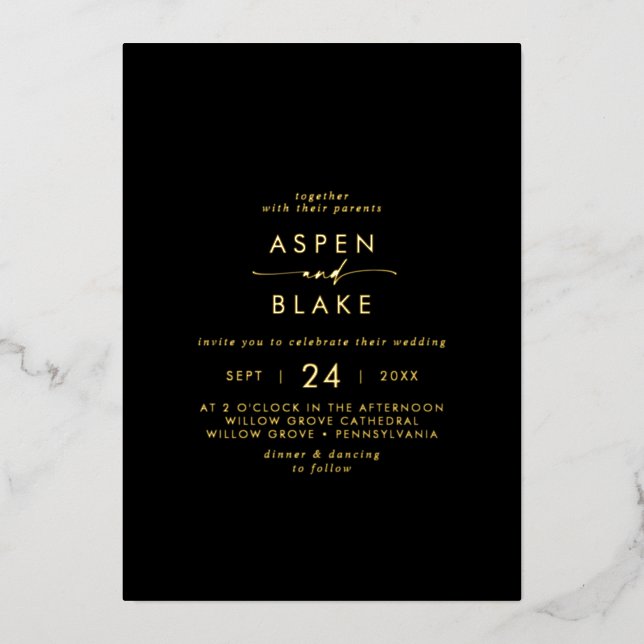 Invitation En Aluminium Script Gold Foil | Mariage Décontracté noir (Recto)